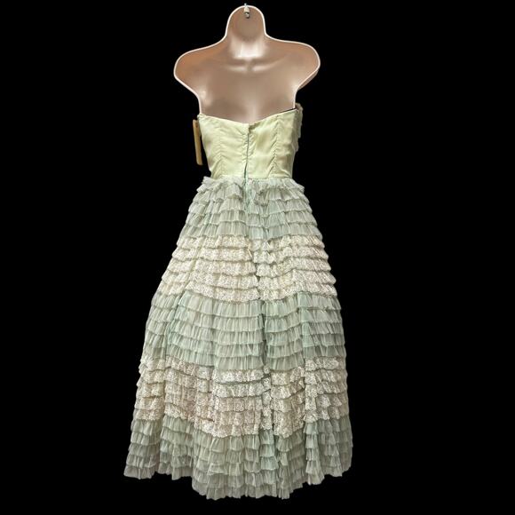 VNTG Green Cupcake Prom Dress Lace Chiffon Tiered Ruffled Strapless Gown 1950s - Picture 2 of 16